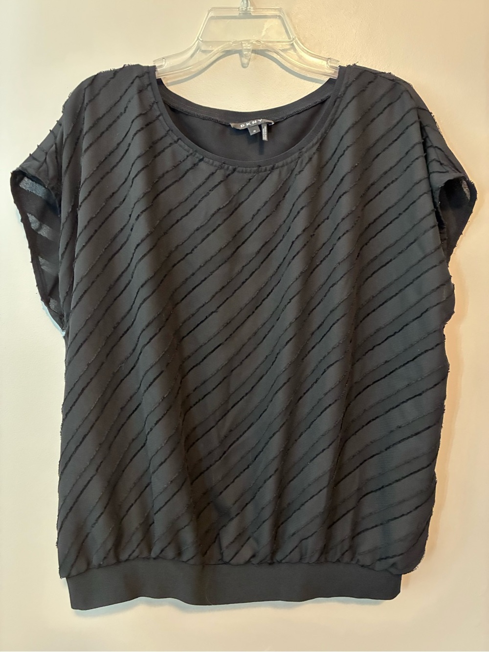 DKNY Black Textured Stripe Dolman Blouse Top XL Sheer Oversized